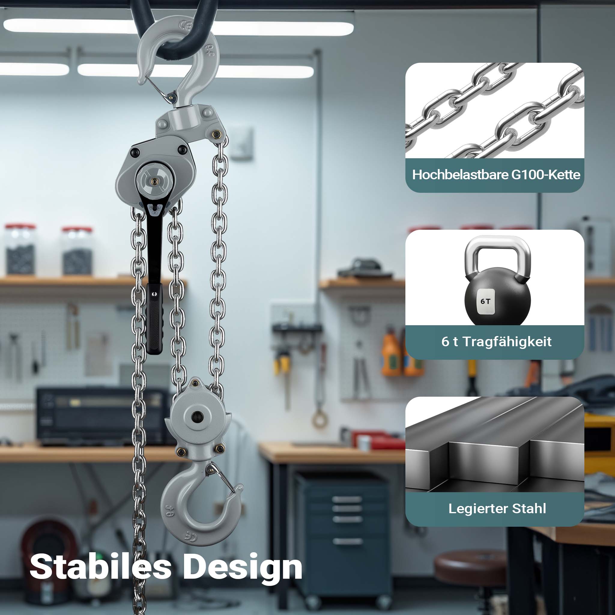 Mini paranco a catena manuale VM6 fino a 6 t, altezza di sollevamento di 1,5 m, in alluminio, per il sollevamento di carichi pesanti