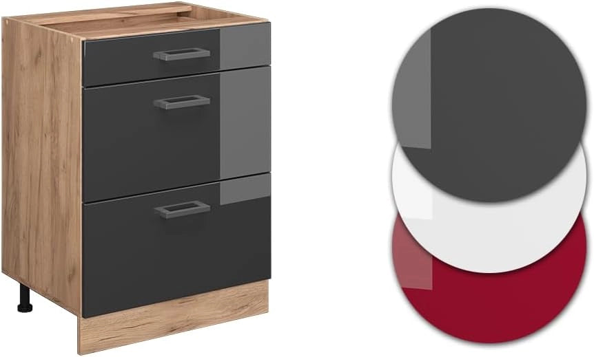Mobiletto base per cucina R-Line, Antracite lucido, 60 cm con cassetti, senza piano di lavoro, per la libera combinazione all'interno di sistemi cucina modulari