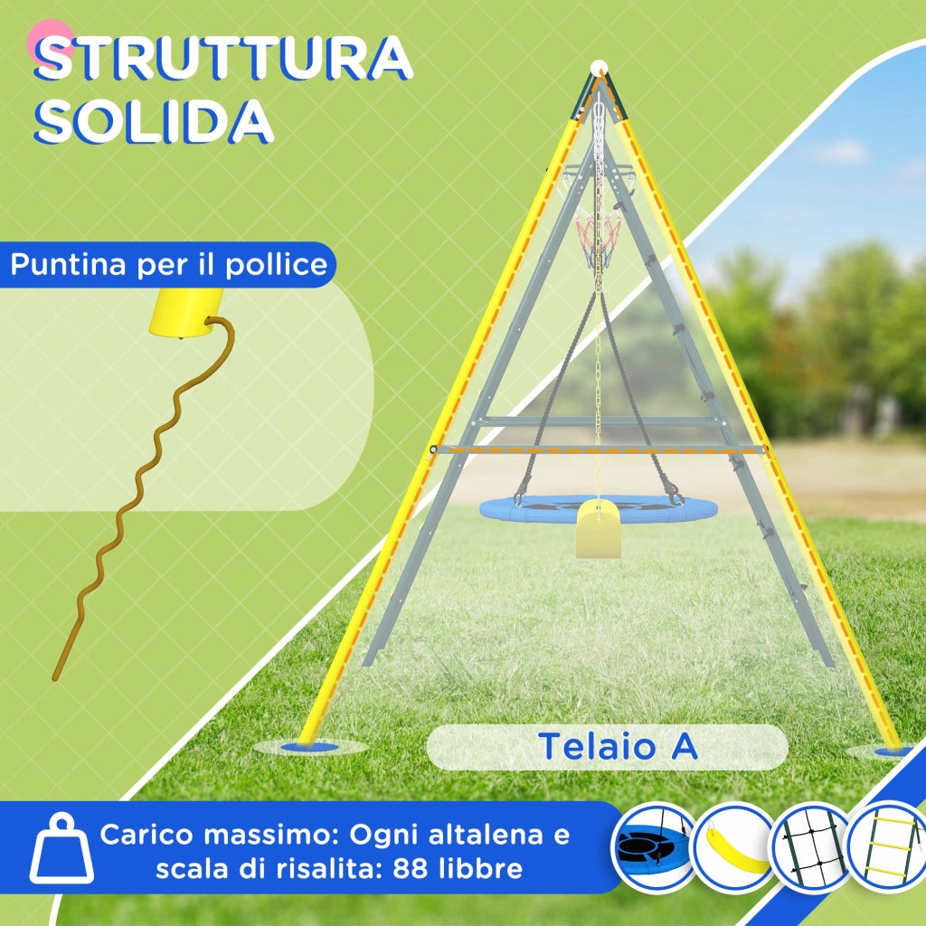 Set Altalene da Giardino Rotonda e Classica con Corda e Canestro 267x180x202 cm in Acciaio Giallo Verde e Blu