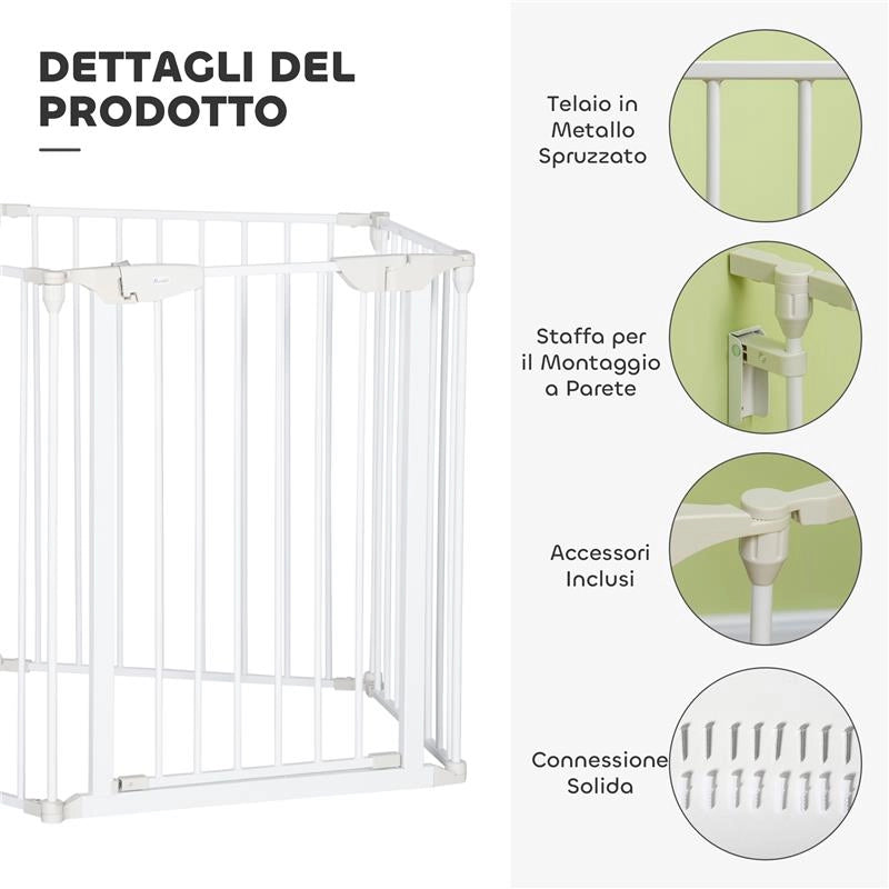 CANCELLINO PER CANI REGOLABILE E PIEGHEVOLE CON CHIUSURA AUTOMATICA E BLOCCO, 300X74.5 CM, BIANCO