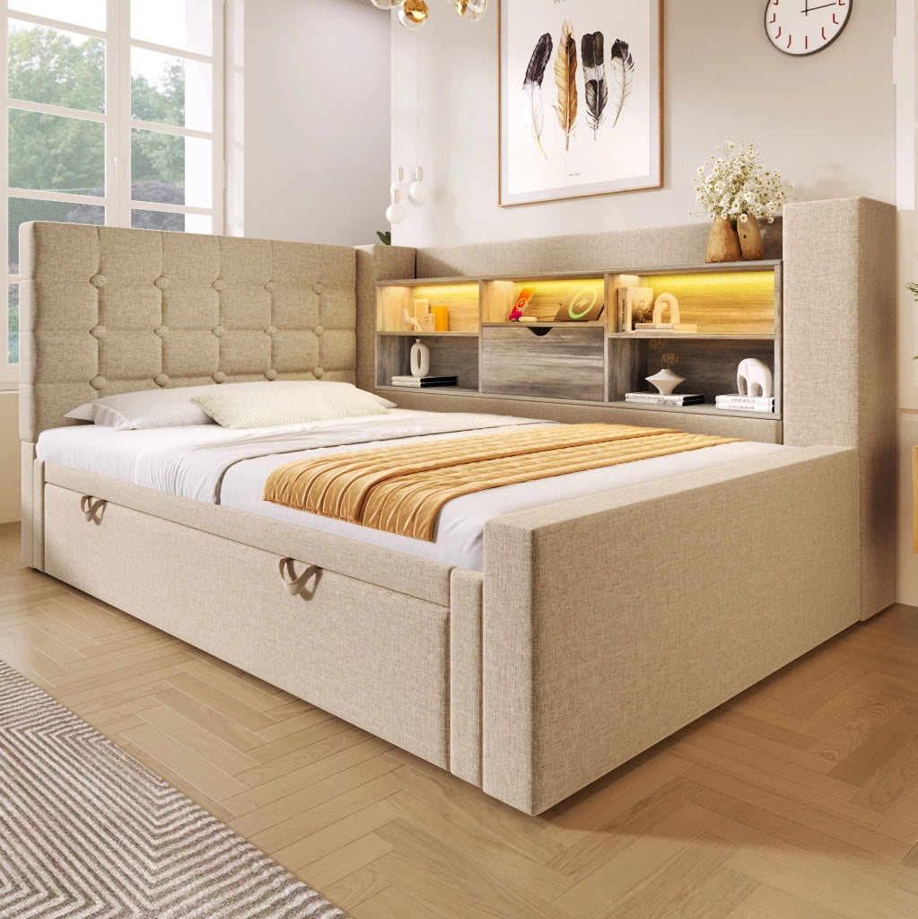 Letto imbottito con letto estraibile; LED e porte di ricarica; 90x200 cm; beige