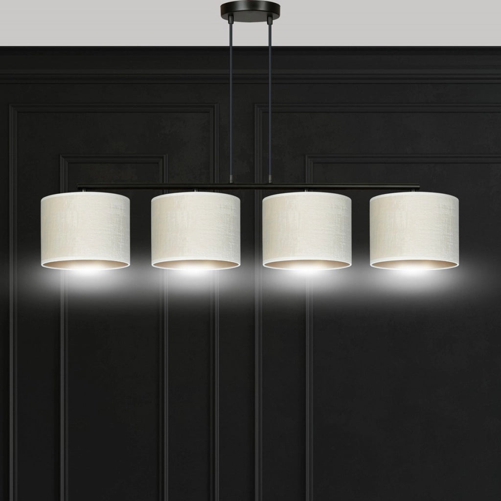 Lampada a sospensione Hilde in acciaio nero e tessuto bianco