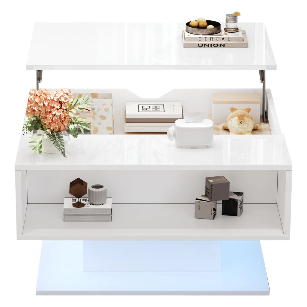 TAVOLO Caffè alzabile 80x75x40 cm Bianco con LED e vano contenitore