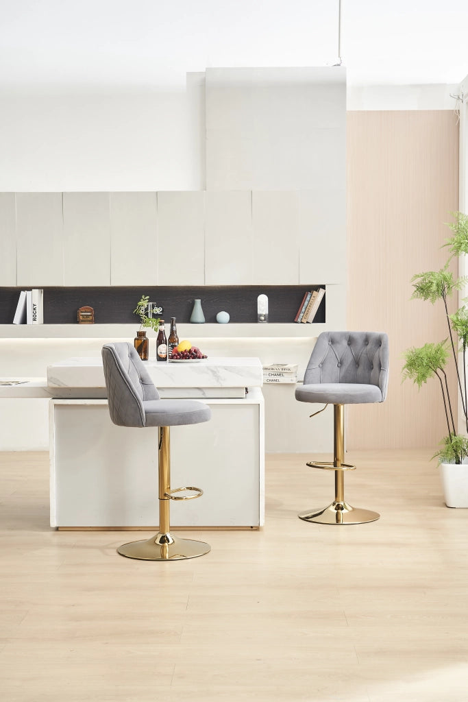 Sgabello da Bar Girevole ¨C MINIMAL ¨C Velluto Grigio, Schienale, Poggiapiedi, Altezza Regolabile, Set 2 Pezzi