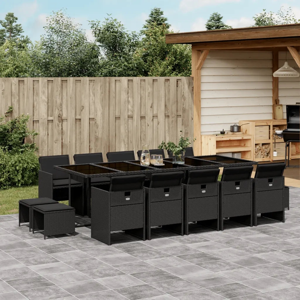 Set da Pranzo da Giardino 15 pz con Cuscini Nero in Polyrattan