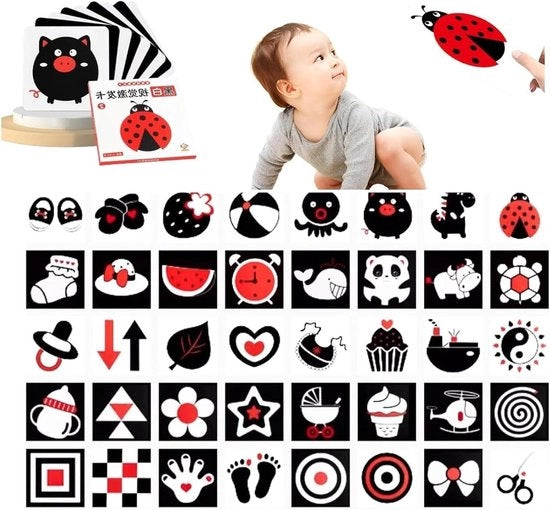 Set di schede di sviluppo visivo per bambini - 36 schede per lo sviluppo visivo - nero e bianco - stimolazione della vista - stimolazione della memoria - neonati - nero e rosso - ottimizzazione delle dimensioni
