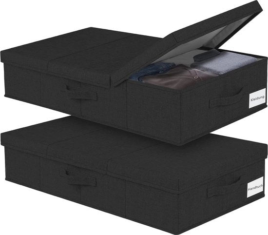 Cassetta Portatile da Deposito sotto il Letto | Soluzione Perfetta per Abbigliamento e Giocattoli | 2 Unità, 15 cm Altezza | Nero, con Coperchio e Maniglia