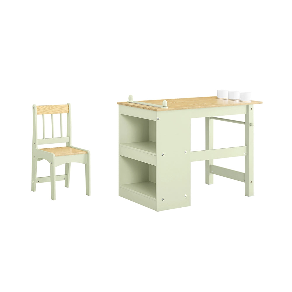 SoBuy Tavolino Bambini con 1 Sedia, Set Tavolo e Sedie per Bambini Multiattività con 2 Ripiani, Tavolo Disegno e Gioco, Sedia Scrivania Cameretta Verde 80x50x66cm KMB60-GR