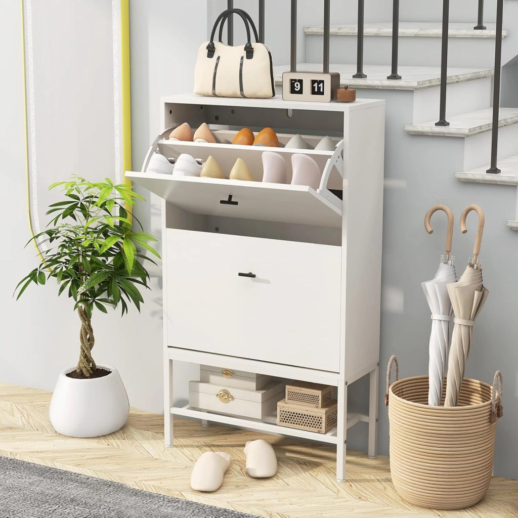 Scarpiera con Ripiano Nascosto, 2 Cassetti e Supporto in Metallo, Gambe Regolabili, Organizzatore per Scarpe, Borse, Tacchi, 60 x 24 x 106 cm.