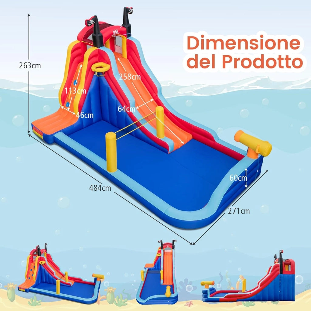 Parco Acquatico Gonfiabile 5-in-1, Castello Gonfiabile con Campo da Gioco, Gonfiabile per Bambini con Canestro da Basket, 484 x 271 x 263 cm (Senza soffiatore)