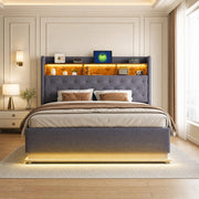 Letto imbottito LED 180 x 200 cm grigio con USB e contenitore