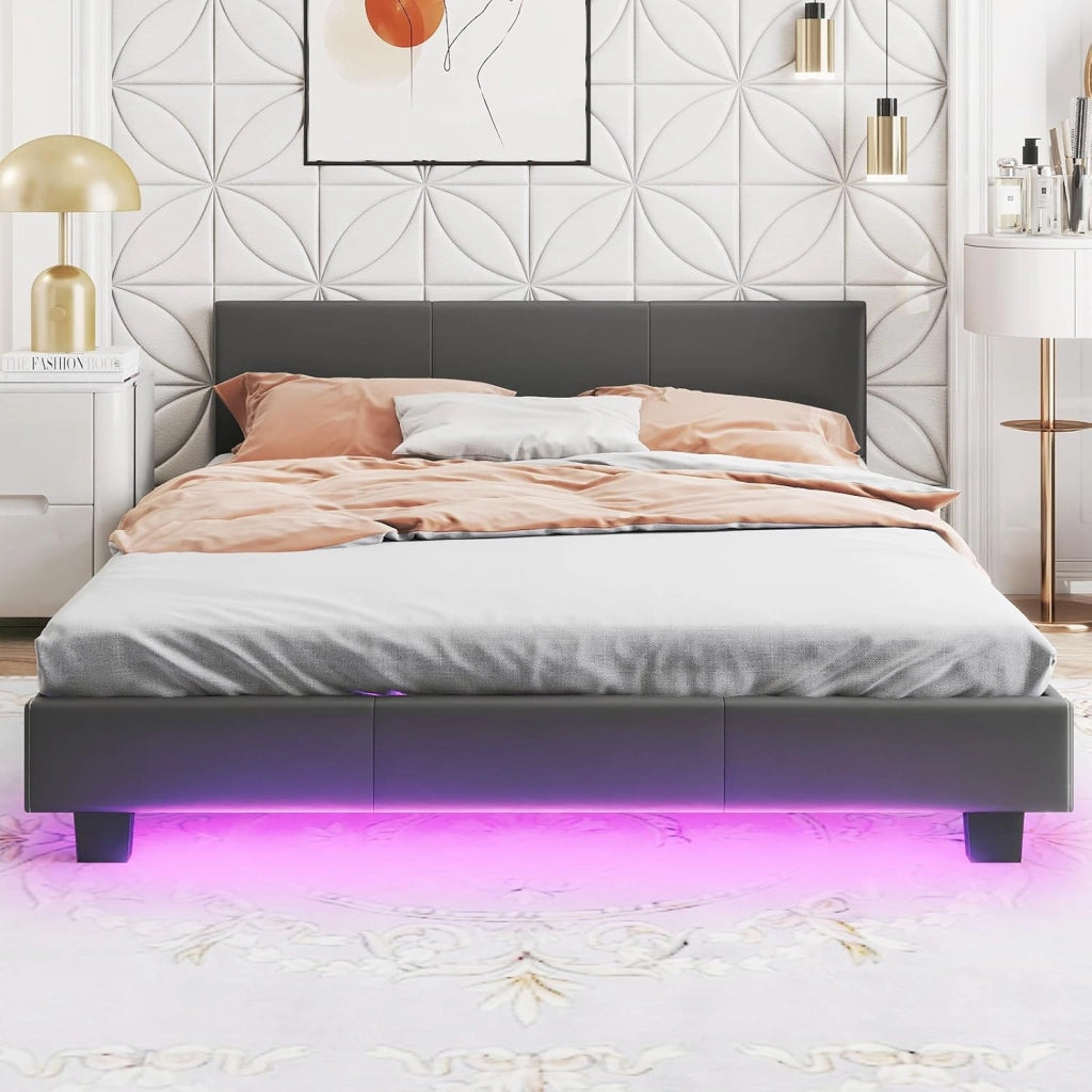 Letto Matrimoniale in Legno, Struttura per Letto Con Testiera Imbottita Luce LED Multicolore e Telecomando, Carico 200 kg, Silenzioso (Grigio)