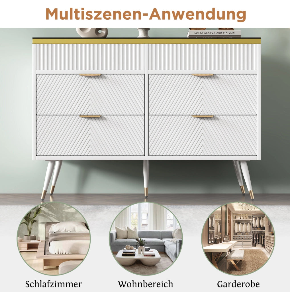 Credenza con 6 cassetti e superficie in vetro; 120 x 40 x 76 cm; bianco
