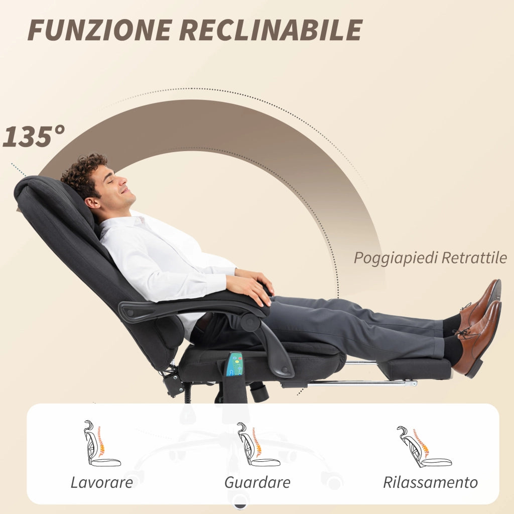 Poltrona da Ufficio 67x79x111-121 cm con Telecomando e 6 Punti di Massaggio in Tessuto Misto Velluto e Lino Grigio