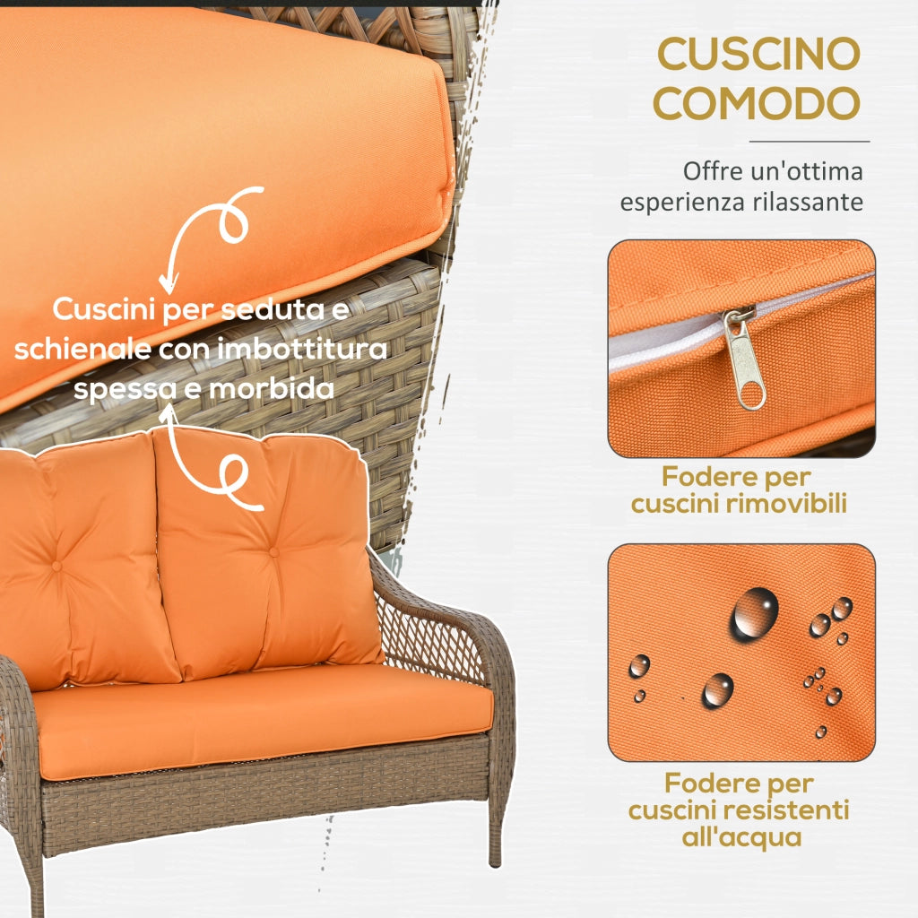 Set Giardino in Polyrattan con Divano 2 Posti, 2 Poltrone, Tavolino e Cuscini ¨C zephmum ¨C Colore Khaki e Arancione