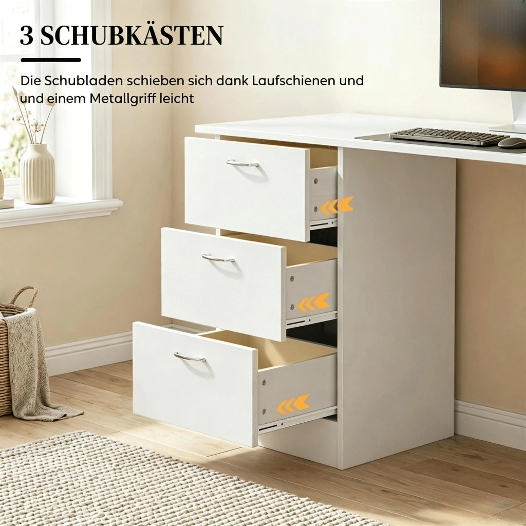 SCRIVANIA da computer 120 cm MDF bianco con 3 cassetti e 3 ripiani