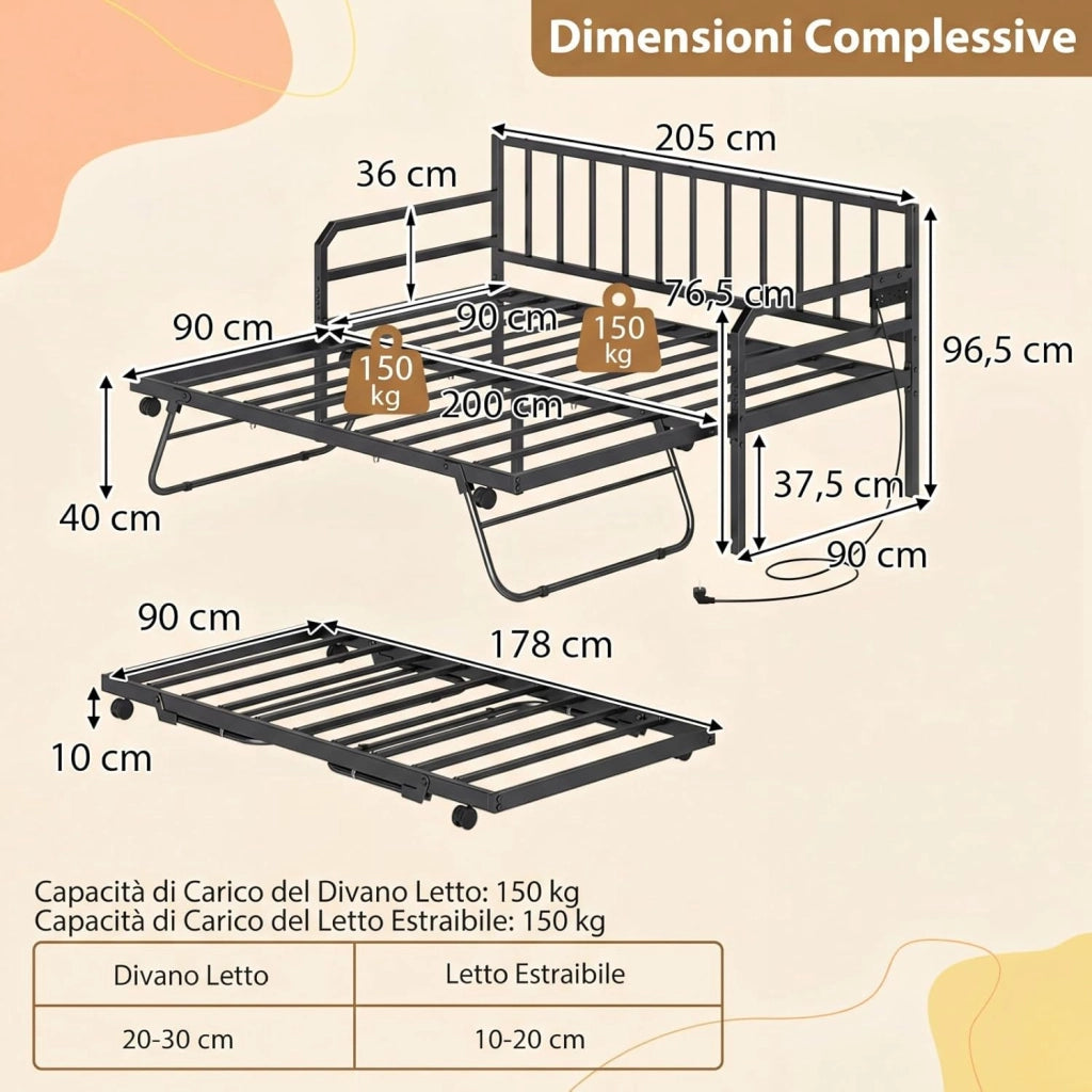 Letto Estraibile, Divano Letto Singolo con Luci LED e Stazione di Ricarica, Lettino Matrimoniale con Struttura in Metallo, 2 Pz 90x200 cm, per Soggiorno e Camera da Letto (Nero)