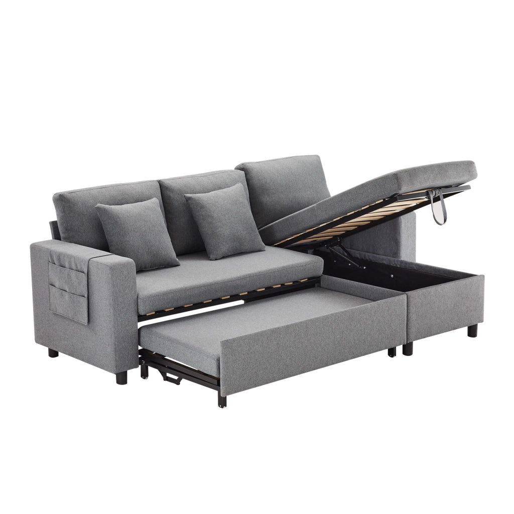 Divano letto angolare convertibile con contenitore e tasche laterali in lino grigio