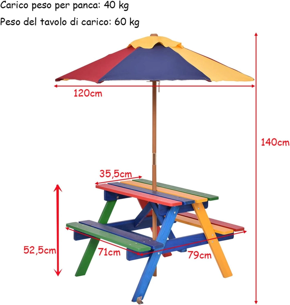 Set con Tavolo Picnic di Legno e Ombrellone per Bambini, Tavolo e Panchina con 4 Posti e Ombrellone Pieghevoli, Tavolino e Sedie Multiuso per Esterno Giardino Cortile