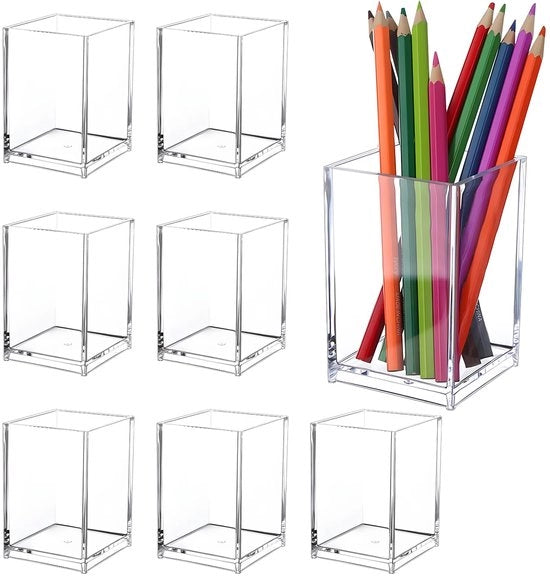 Organizzatore multifunzionale portatile a 8 celle per matite acriliche, trasparente, per pennarelli, matite, pennelli per trucco, pennelli per pittura e accessori da ufficio (10 x 6,5 x 6,5 cm)