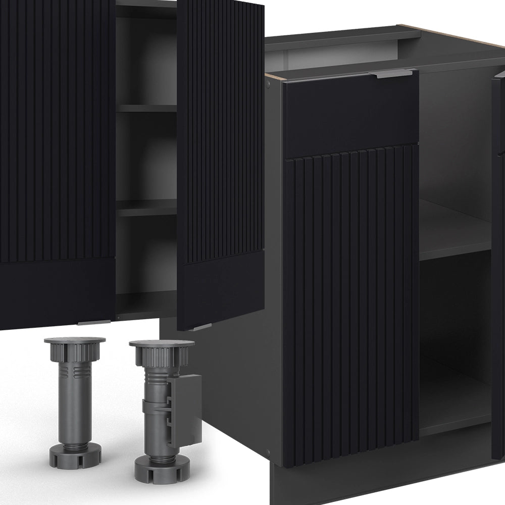 Cucina componibile Fame-Line Nero rigato/Antracite 300 cm con armadio alto, PL Marmo Vicco
