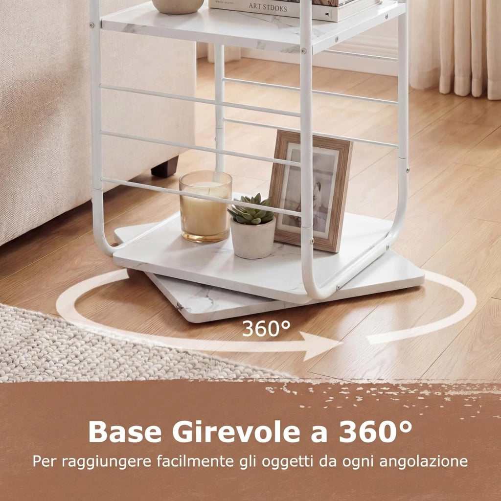 Supporto Giradischi Girevole a 4 Ripiani, Porta Dischi Rotante a 360° con Struttura in Metallo, Scaffale d'Angolo Salvaspazio per Casa, Ufficio e Soggiorno, 40x40x115 cm (Bianco)