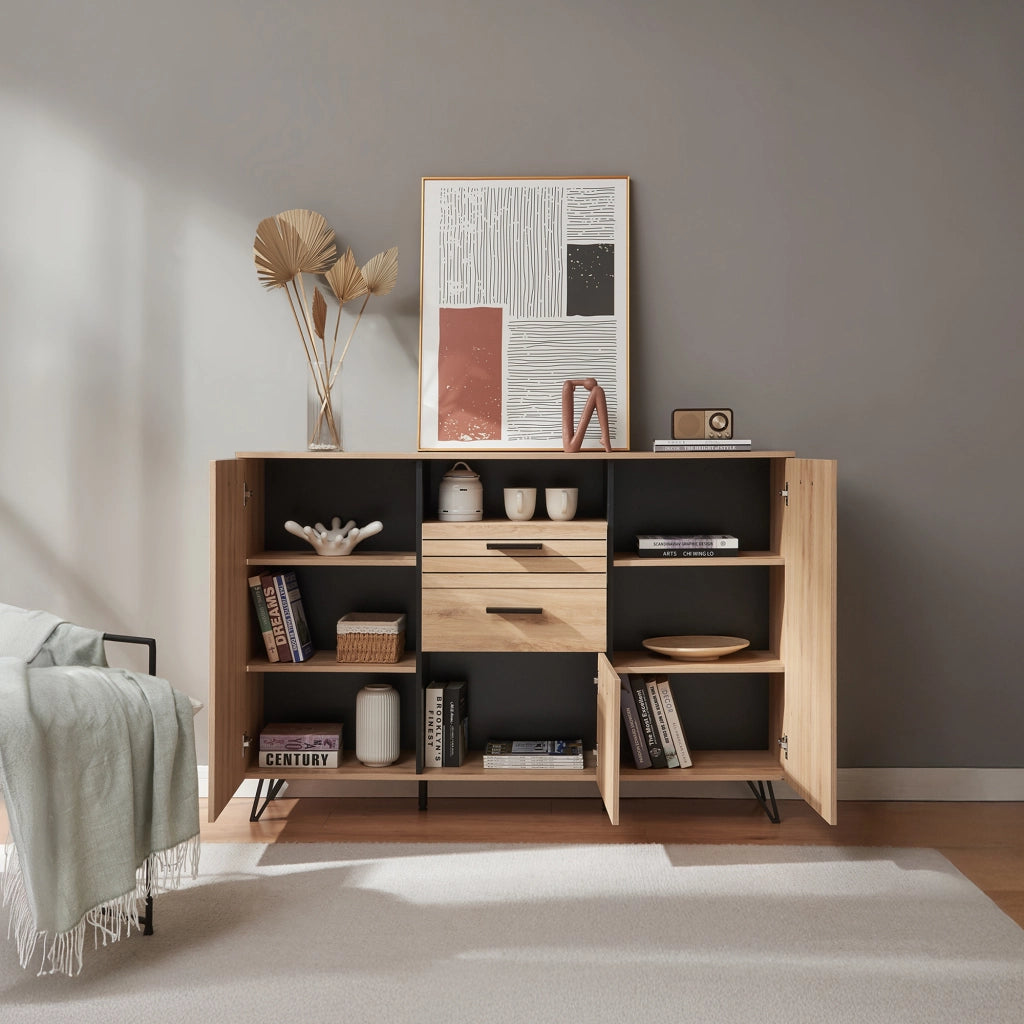 Credenza Noppen con Cassetti e Ante Mobile Contenitore 100x150x38 cm - Effetto Rovere [en.casa]