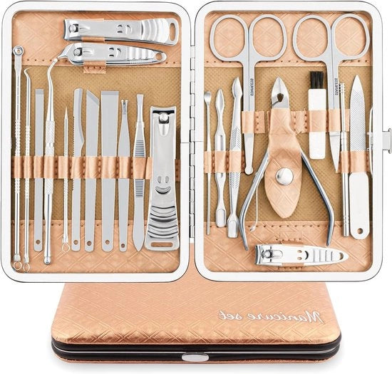 Set di forbici per unghie professionale - 23 pezzi di attrezzi per pedicure in acciaio inossidabile con guaina in PU pelle (color oro / argento)