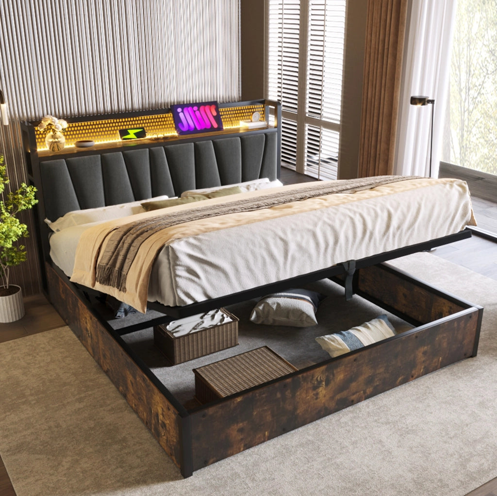 Letto matrimoniale 180x200 cm con LED; USB e contenitore; grigio
