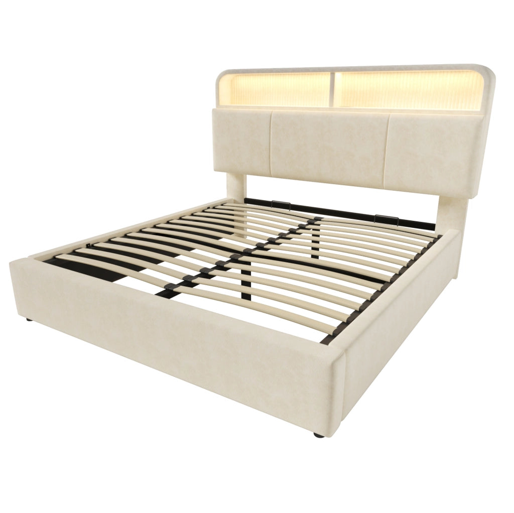 Letto matrimoniale 180x200 cm con contenitore; testiera regolabile; LED e USB/Type-C; beige in velluto