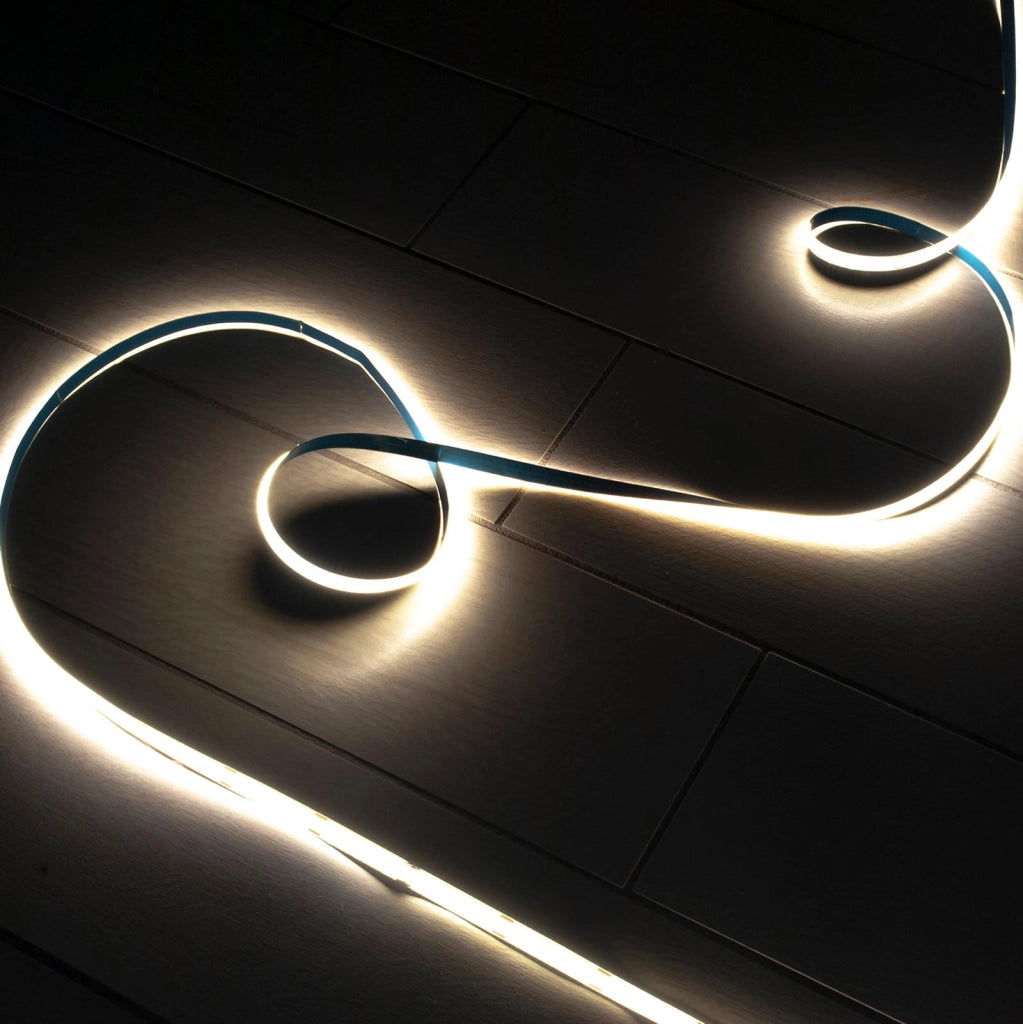 Tira LED Flexible LINEAL COB 24V luz continua lama 12W/m perfiles barras 1080lm/m BOBINA 50 metros con conectores 6000K