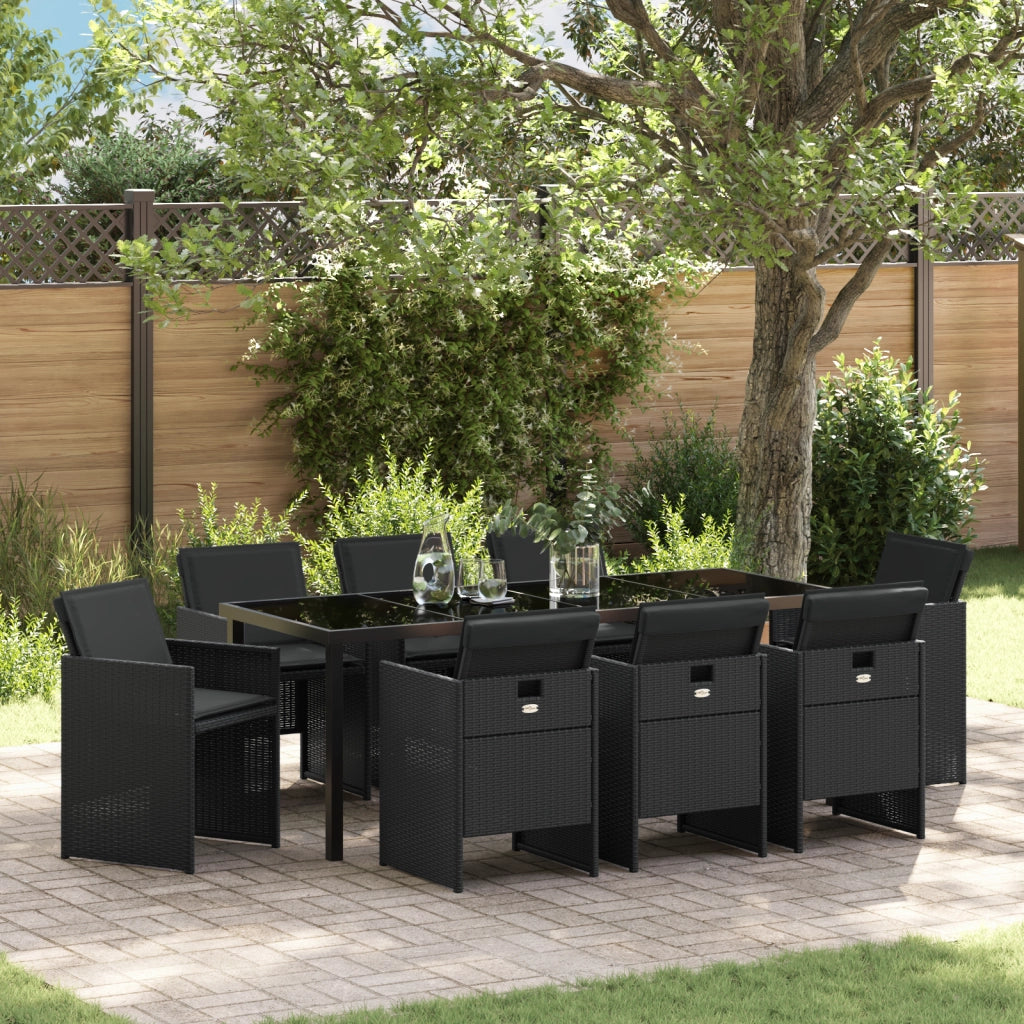 Set da Pranzo da Giardino 9 Pezzi con Cuscini - Rattan Poliestere Nero
