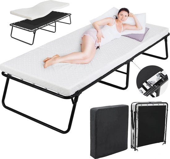 Letto a scomparsa per adulti 80x191 cm - Letto con materasso in espanso 7 cm, telaio metallico e ruote per trasporto facile