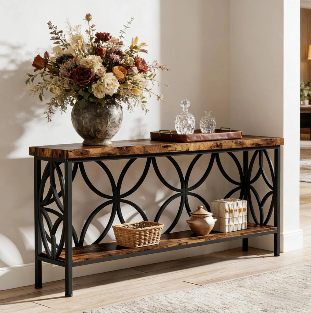Tavolo consolle industriale 160x29,5x80 cm con ripiani aperti