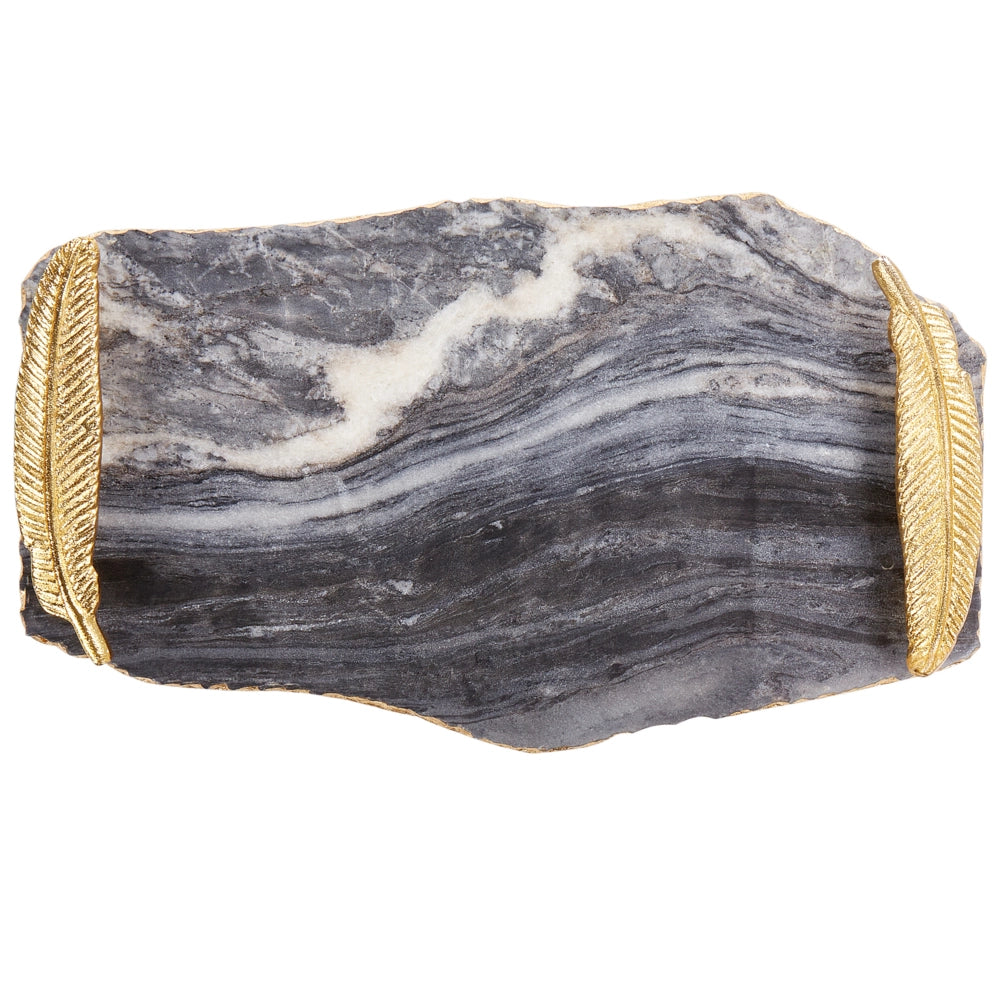 Vassoio da portata in marmo grigio scuro con maniglie in metallo dorato Decorazione moderna per la casa