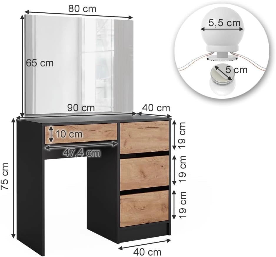 Tavolo da toilette Sherry, Antracite/quercia dorata, 90 x 75 cm con specchio e illuminazione a LED, sgabello regolabile in altezza con funzione girevole a 360° per adattamento della seduta