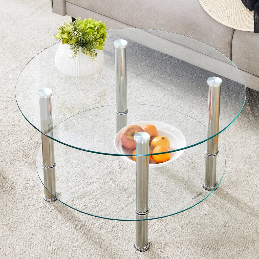 TAVOLINO DA SALOTTO a 2 livelli Ø70/60 cm Vetro Trasparente e Metallo Argento