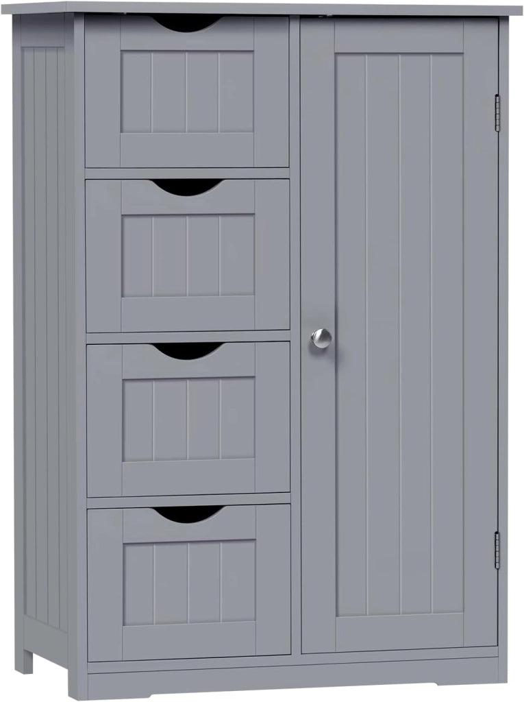 Cassettiera, Mobile da Bagno con 4 Cassetti e 2 Scomparti Regolabili, Mobile Portaoggetti per Bagno/Camera da Letto/Corridoioo/Cucina, Grigio, 56x30x81 cm