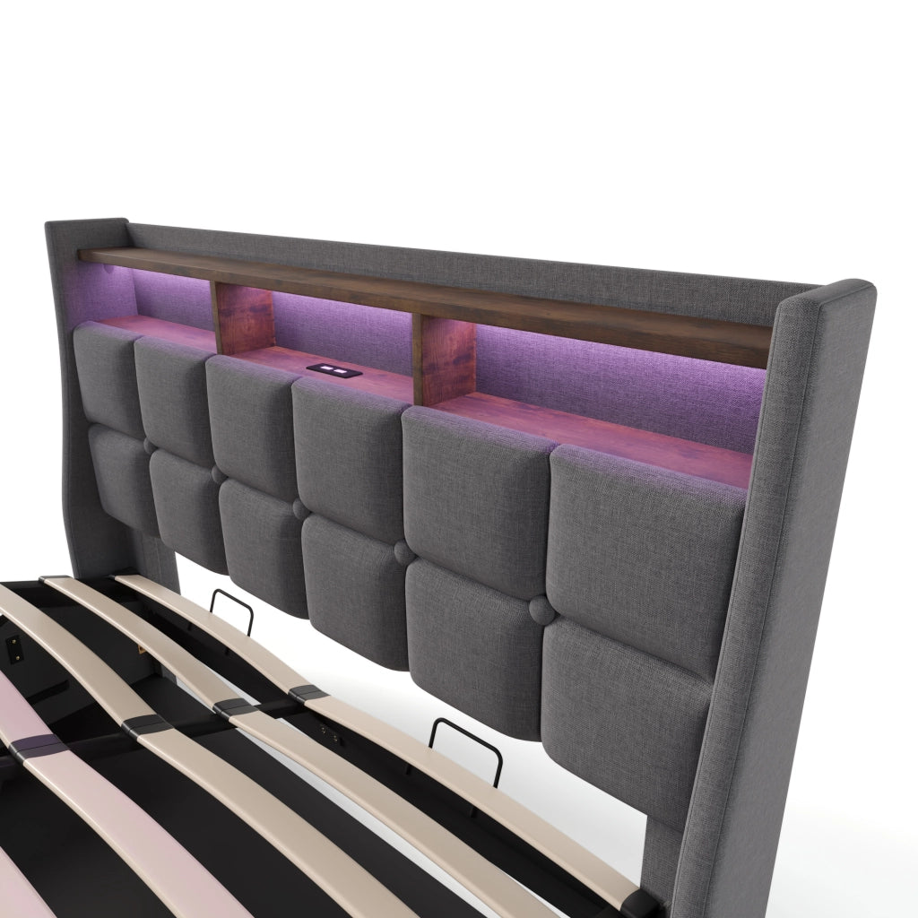 OKWISH Letto Contenitore 140×200 cm, Letto Matrimoniale con USB, LED Regolabile e Mensola, senza Materasso, in Lino, Grigio
