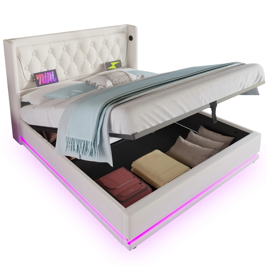 Letto matrimoniale 160x200 cm in PU bianco con contenitore; USB Type-C e LED a 3 lati