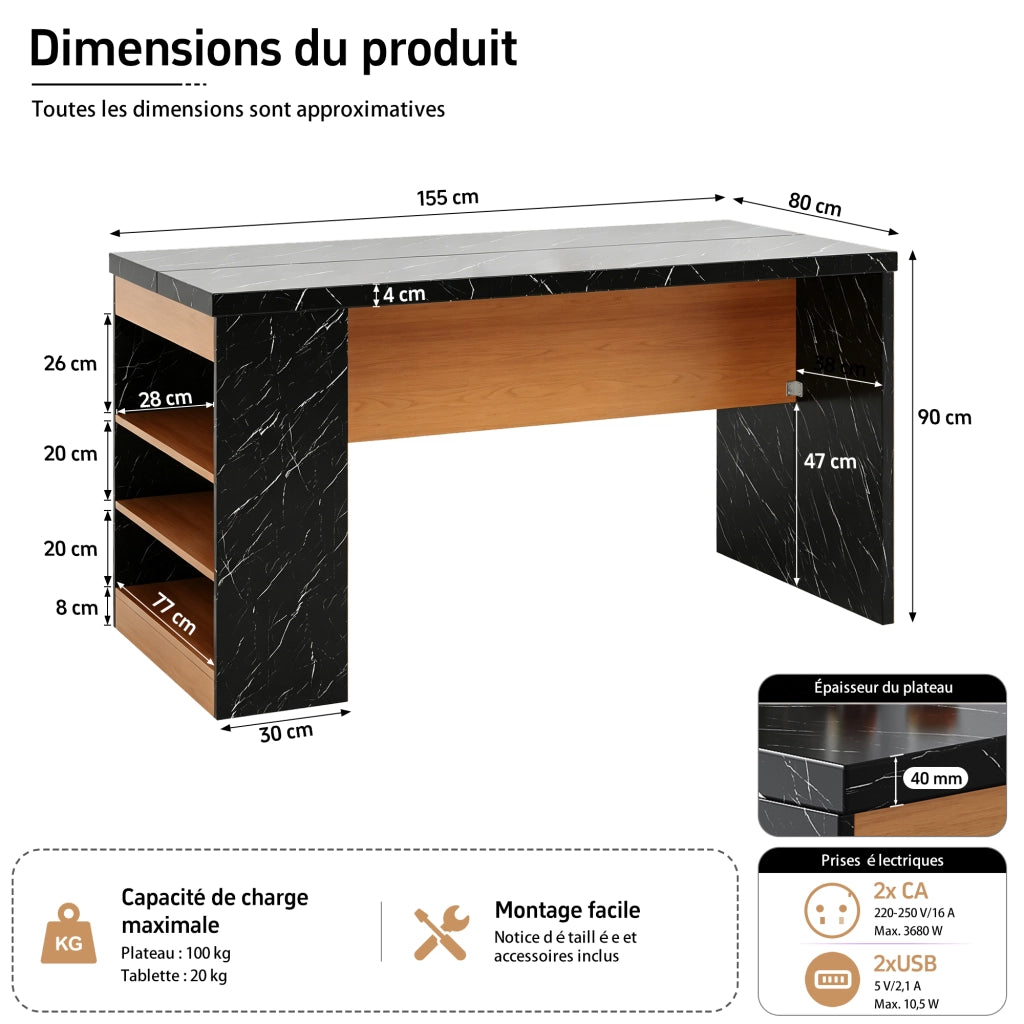 Isola cucina 155x80x90 cm con illuminazione LED, prese e 3 ripiani aperti, piano da 40 mm