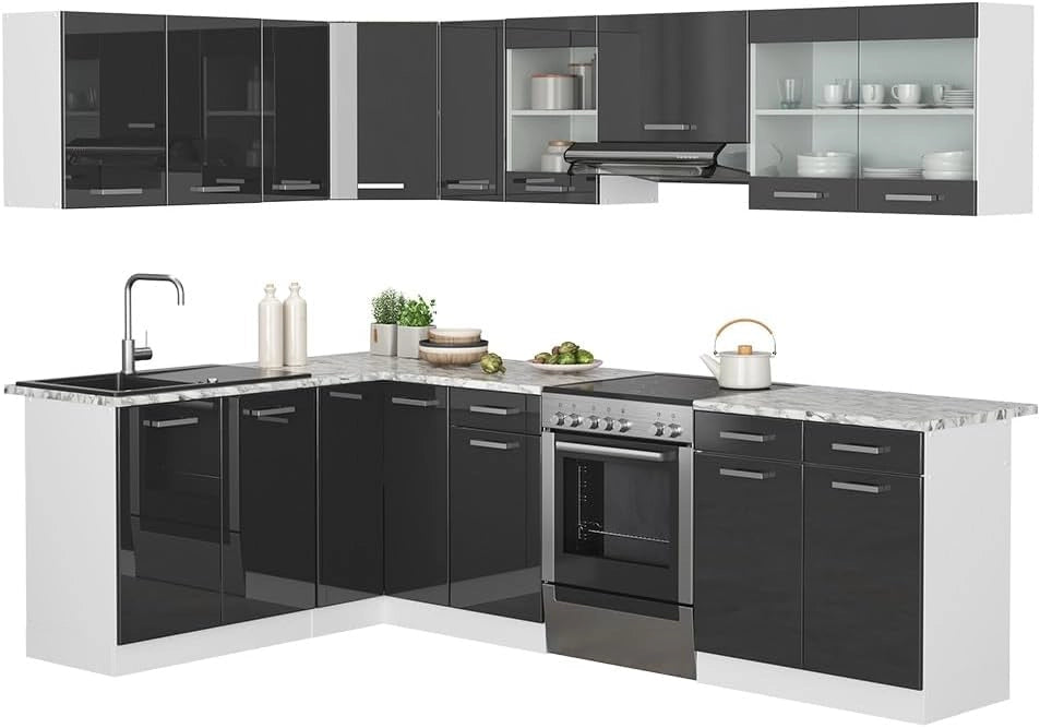 Cucina angolare completa Rick, Antracite lucido, 167 x 60 cm, PL Marmo con striscia LED