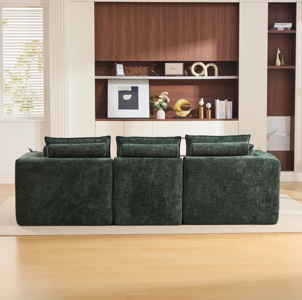Divano modulare 256x161 cm verde in chenille con pouf e tasche laterali