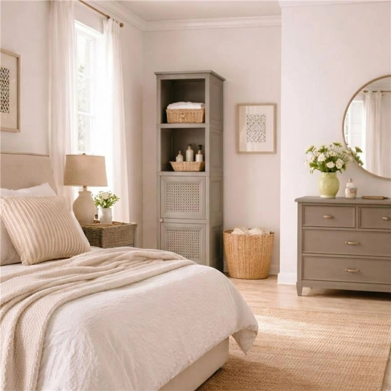 MOBILE 4 MODULI 40X43X164 CM TAUPE CON ANTE TRAFORATE E 2 VANI A GIORNO – LIBRERIA CONTENITORE VERTICALE DESIGN PER ZONA LIVING