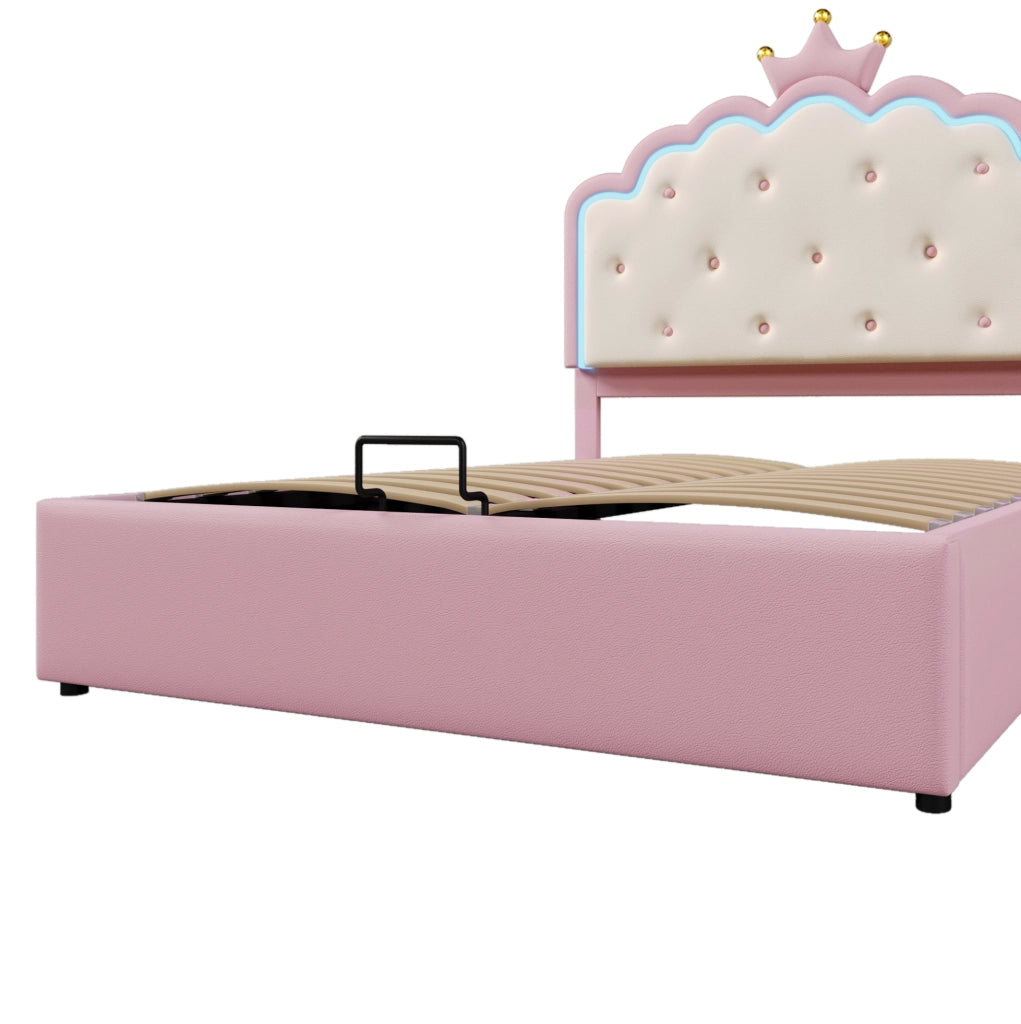 Letto per bambini rosa 140x200 cm con testiera a corona, LED e vano idraulico