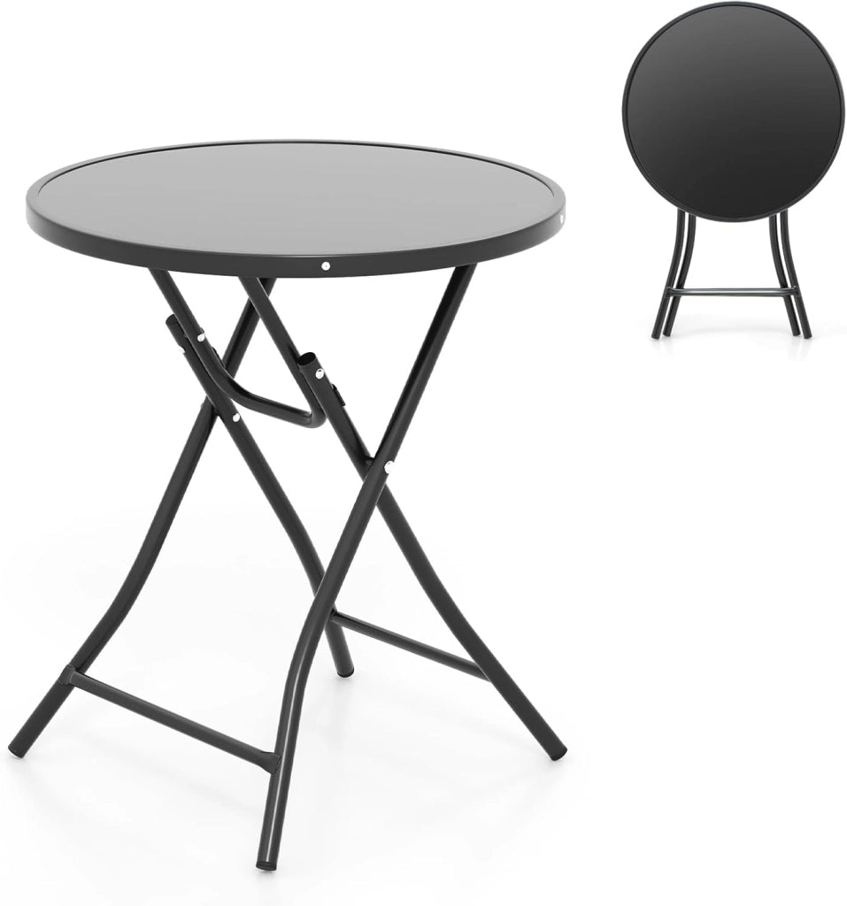 Tavolino Pieghevole, Tavolino Rotondo da Patio in Vetro Temperato con Struttura in Metallo, Non Richiede Montaggio, Tavolino da Appoggio Salvaspazio per Giardino, Piscina, Balcone, Nero