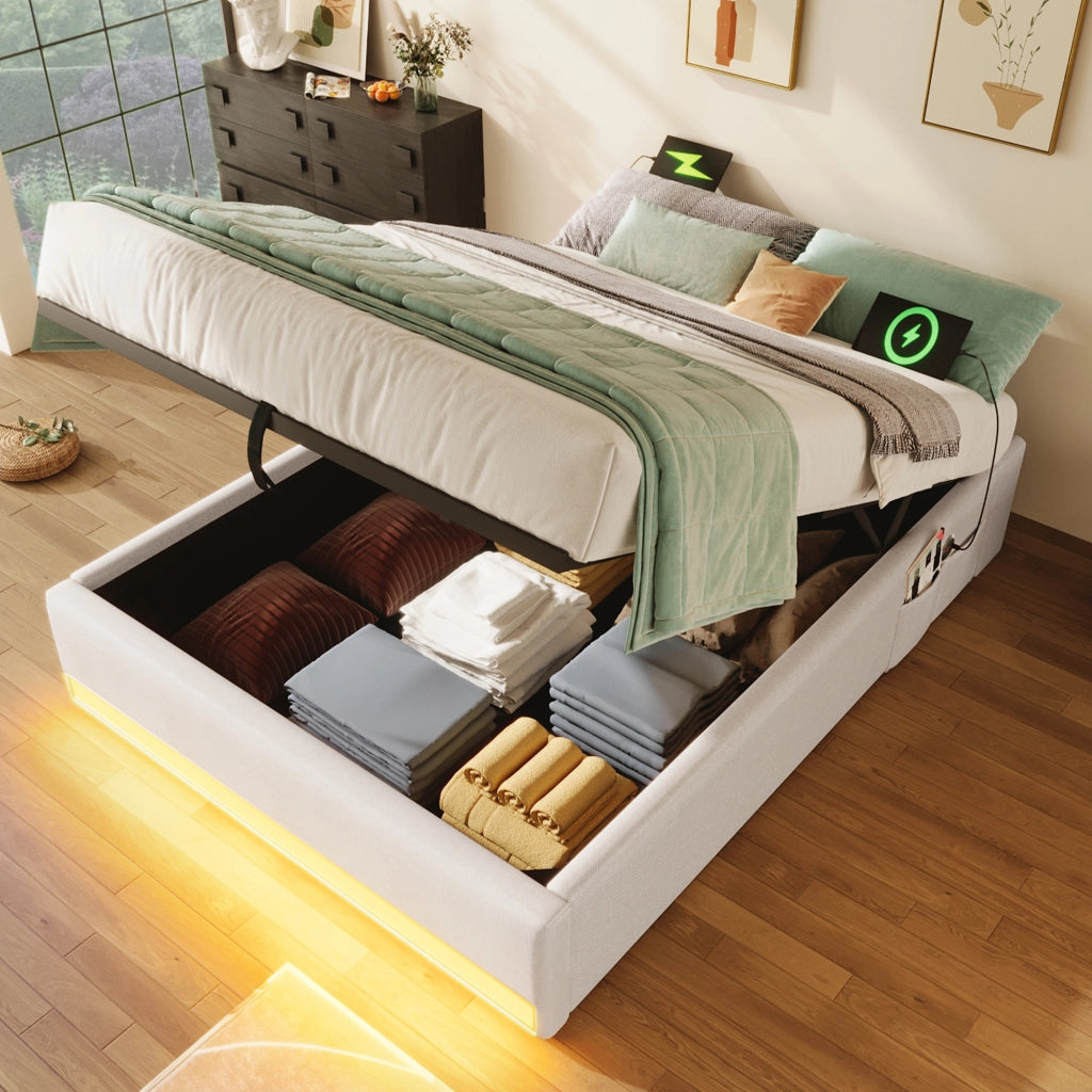 OKWISH Letto Singolo 90×200 cm con LED, USB, Type C e Contenitore, senza Materasso, in Lino, Beige