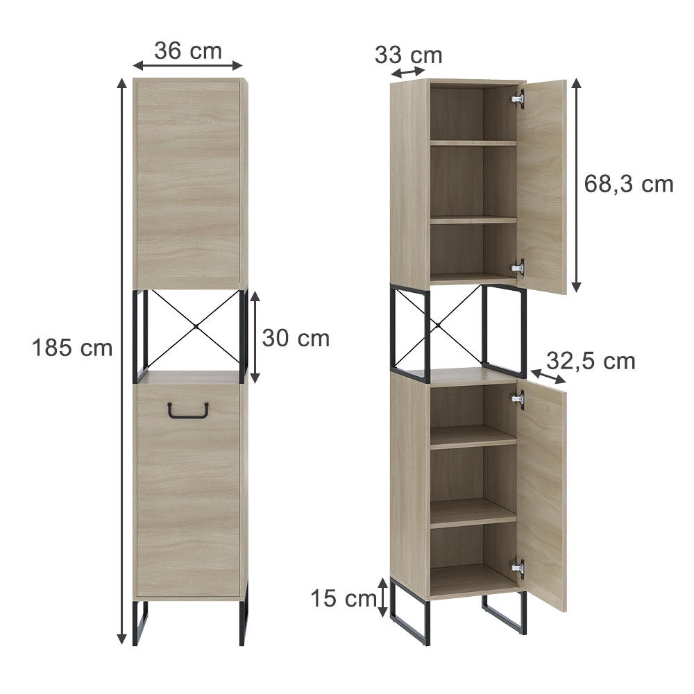 Vicco Mobiletto da bagno Quercia/nero 36 x 185 cm con 2 porte