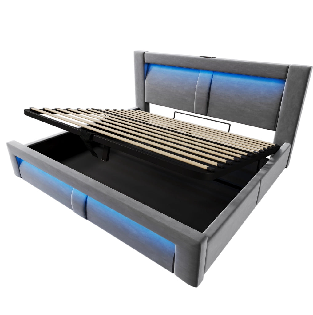 Letto matrimoniale 140x200 cm con contenitore; LED; USB e Type-C; in velluto grigio