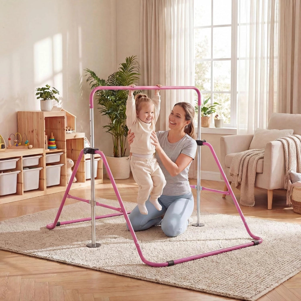 KOMFOTTEU Barra da ginnastica pieghevole per bambini, barra orizzontale con altezza regolabile in 5 livelli da 90 a 130 cm, carico di 70 kg, attrezzatura portatile per allenamento per interni esterni